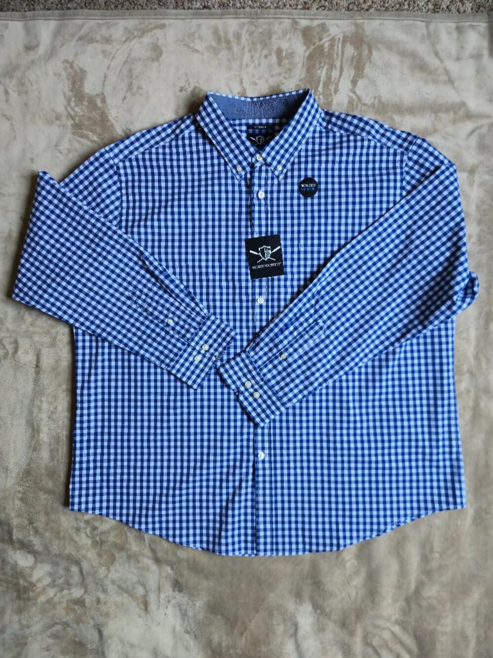 NWT Shirtworth Non-Iron Stretch Gingham Button-Down Shirt Royal Blue White Men's